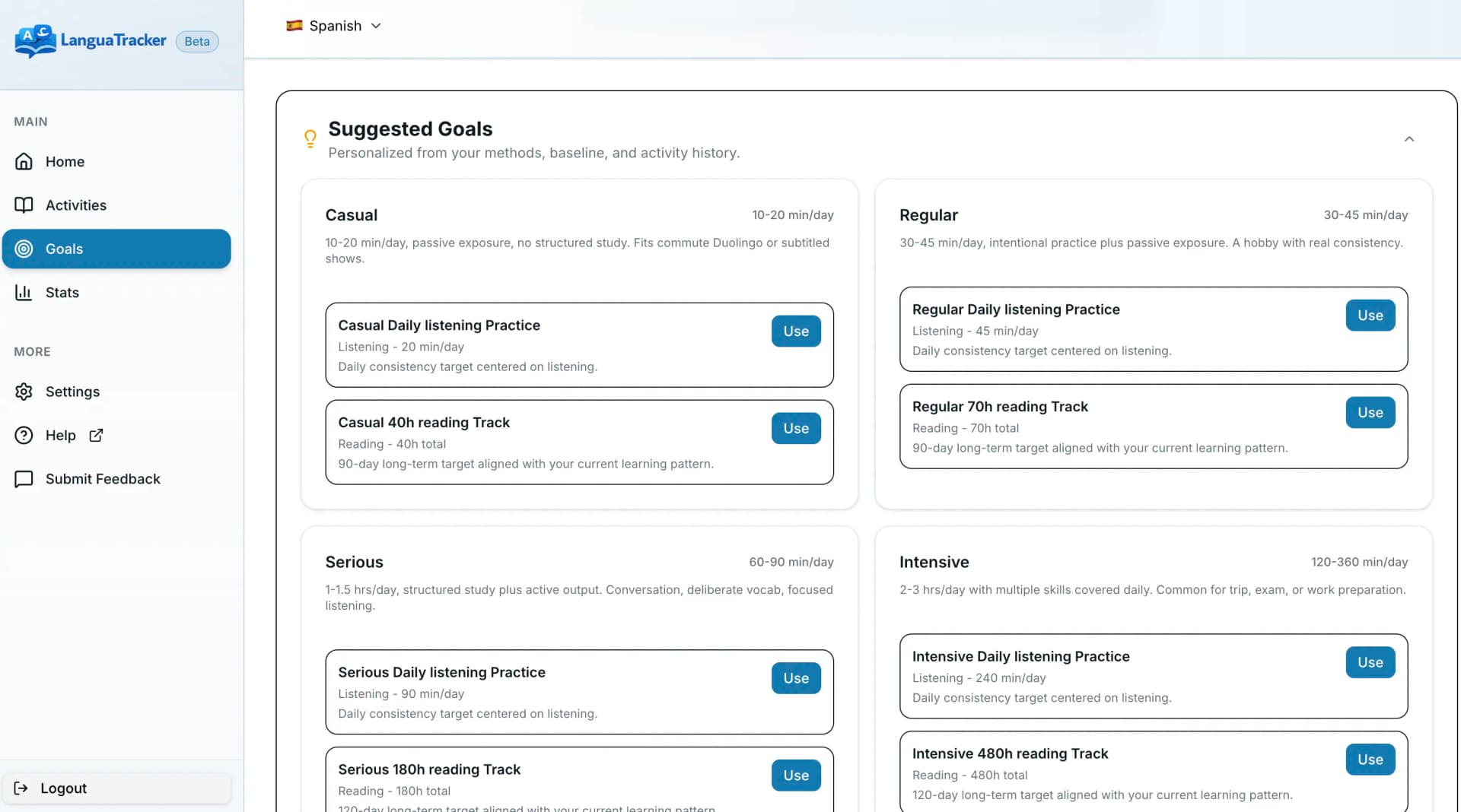 The Suggested Goals panel showing tiered goal recommendations with a one-click Use button