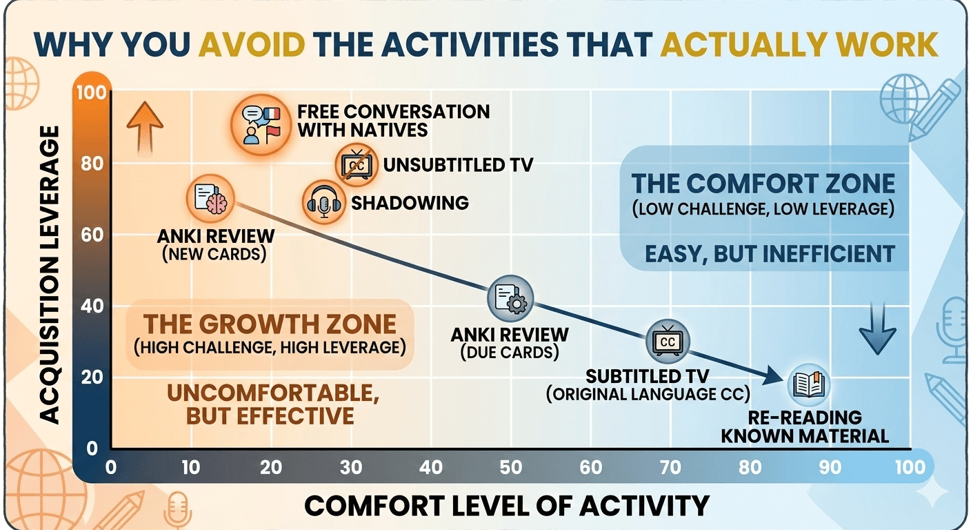 A scatter plot with 'comfort level of activity' on the x-axis and 'acquisition leverage' on the y-axis, showing that high-leverage activities like free conversation and unsubtitled TV cluster toward the uncomfortable end
